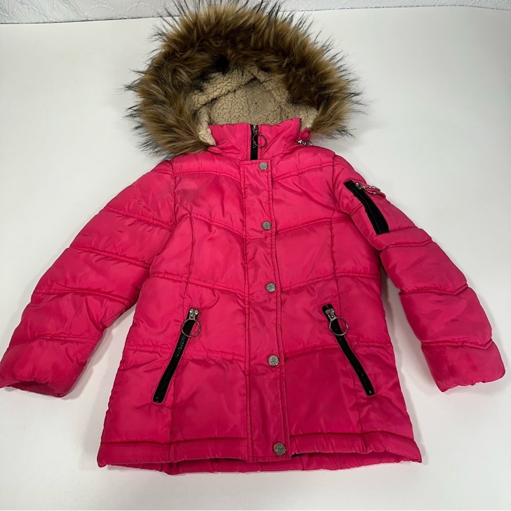Steven Madden Puffer Coat Fur Sherpa Lined Removable Hood Jacket Girls Size 5/6